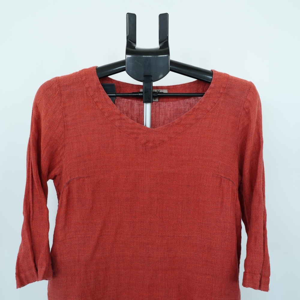 Flax Blouse Top Womens Small Orange Red Linen 3/4 Sleeve V Neck Lagenlook Tunic